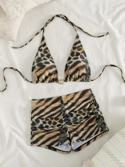 Women's Leopard & Zebra Print Bikini Set, Halter Triangle Top with High Waist Ruched Shorts Two Piece Swimsuit for Beach Vacatio
