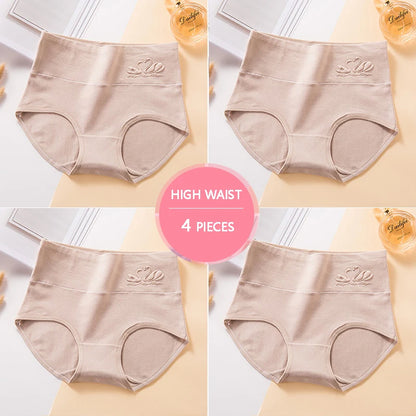 Plus Size M-5XL 4Pcs/Set High Waist Cotton Panties Women Body Shaper Underwear Soft Print Girls Briefs Slimming Female Lingerie