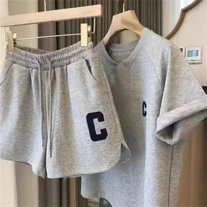 2 Piece Set Women Summer Sleepwear Loose Short Sleeve T-Shirt Casual Shorts Sports Print Letter Suit Large Size Short Pajamas