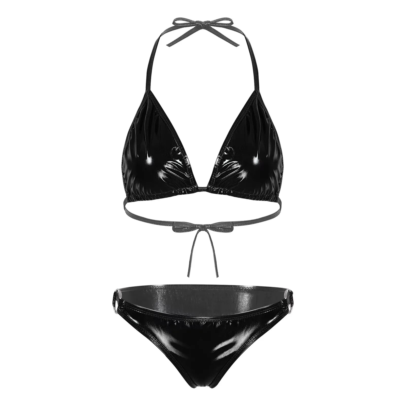 Womens Micro Bikini Set Shiny Metallic Bra Top with Thong 2 Piece Lingerie Set Extreme Swimwear Swimsuit Sexy Bathing Suit