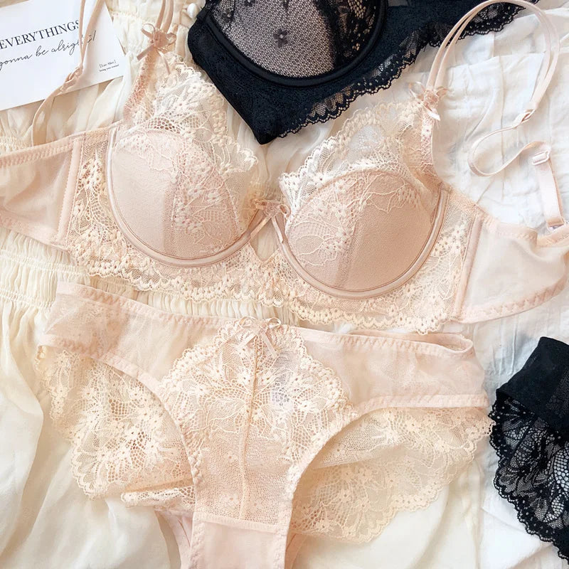 New Women Lingerie Set Sexy Lace Push Up Bra French 3/4 Thin Cup Bralette Cute Bow Decoration Underwear Comfort Bras Briefs Sets