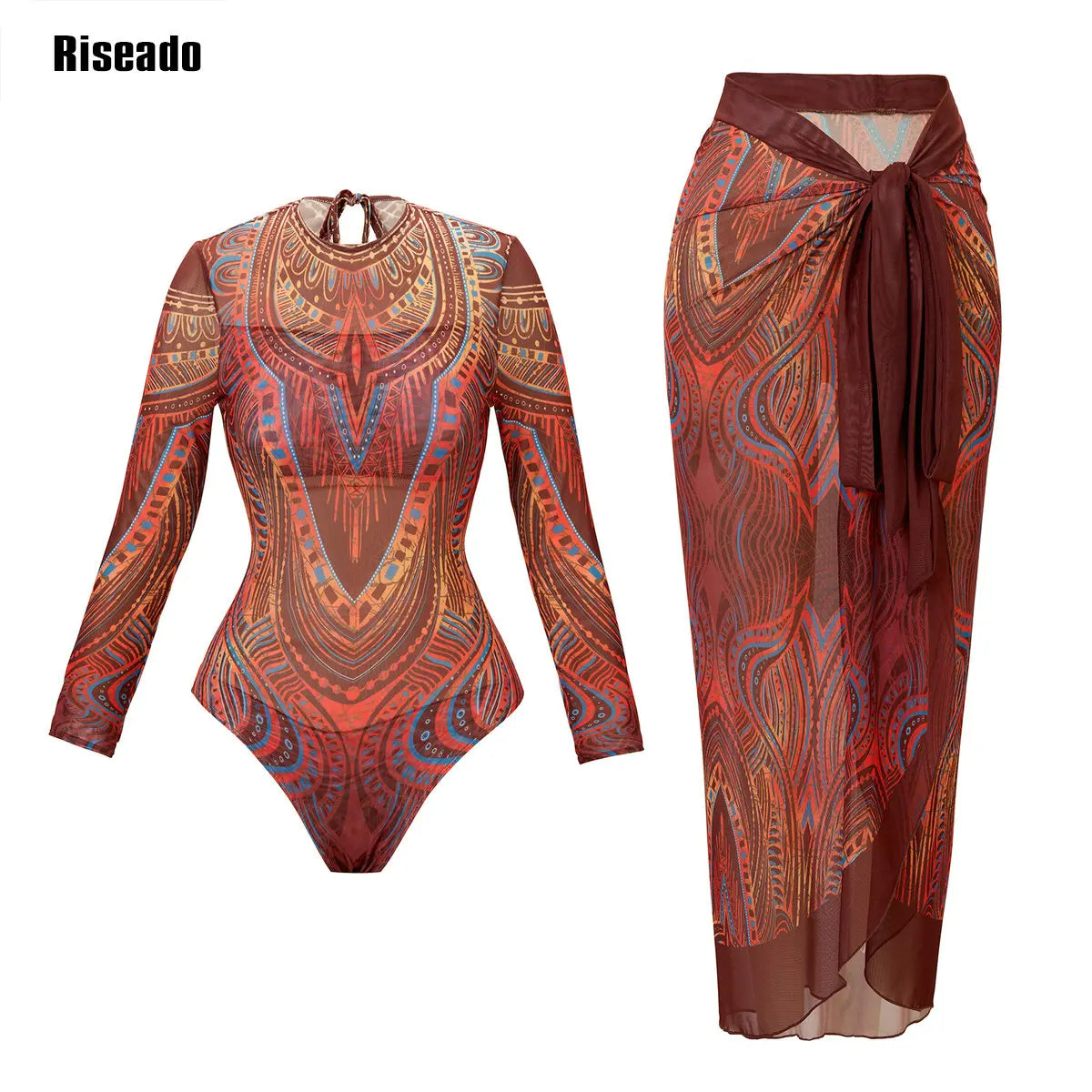 Riseado Mesh Swimsuit with Long Pants & Swimdress Long Sleeve Mesh Beachwear Sexy High Waist Bathing Suit Smart Beach Clothing