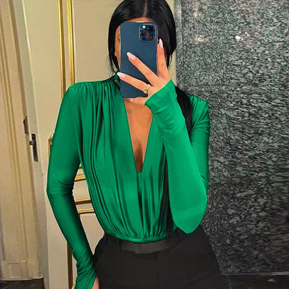 BornToGirl Sexy Slim Bodysuit Women Elegant Black Red Green Long Sleeve V Neck One Pieces Bodysuits Jumpsuit Tops Body Suit Y2K