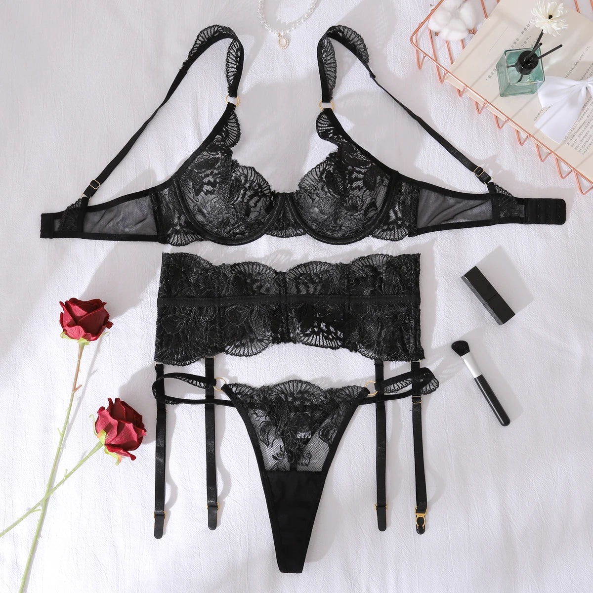 AVELINE 2025 Black Embroidered Lace Steel Hoop Gather Waist Cover Sculpting Sexy and Charming Split Set Three Piece Set