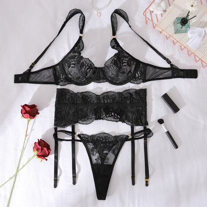 AVELINE 2025 Black Embroidered Lace Steel Hoop Gather Waist Cover Sculpting Sexy and Charming Split Set Three Piece Set