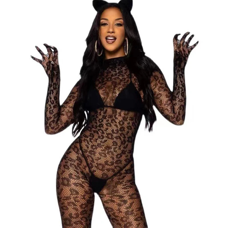 New Sexy Crotchless Lingerie Women Backless Cutout Bra Set Mesh See Through Bodystocking Full Sleeve Leopard Print Underwear Set