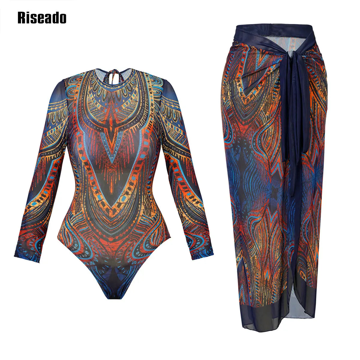 Riseado Mesh Swimsuit with Long Pants & Swimdress Long Sleeve Mesh Beachwear Sexy High Waist Bathing Suit Smart Beach Clothing