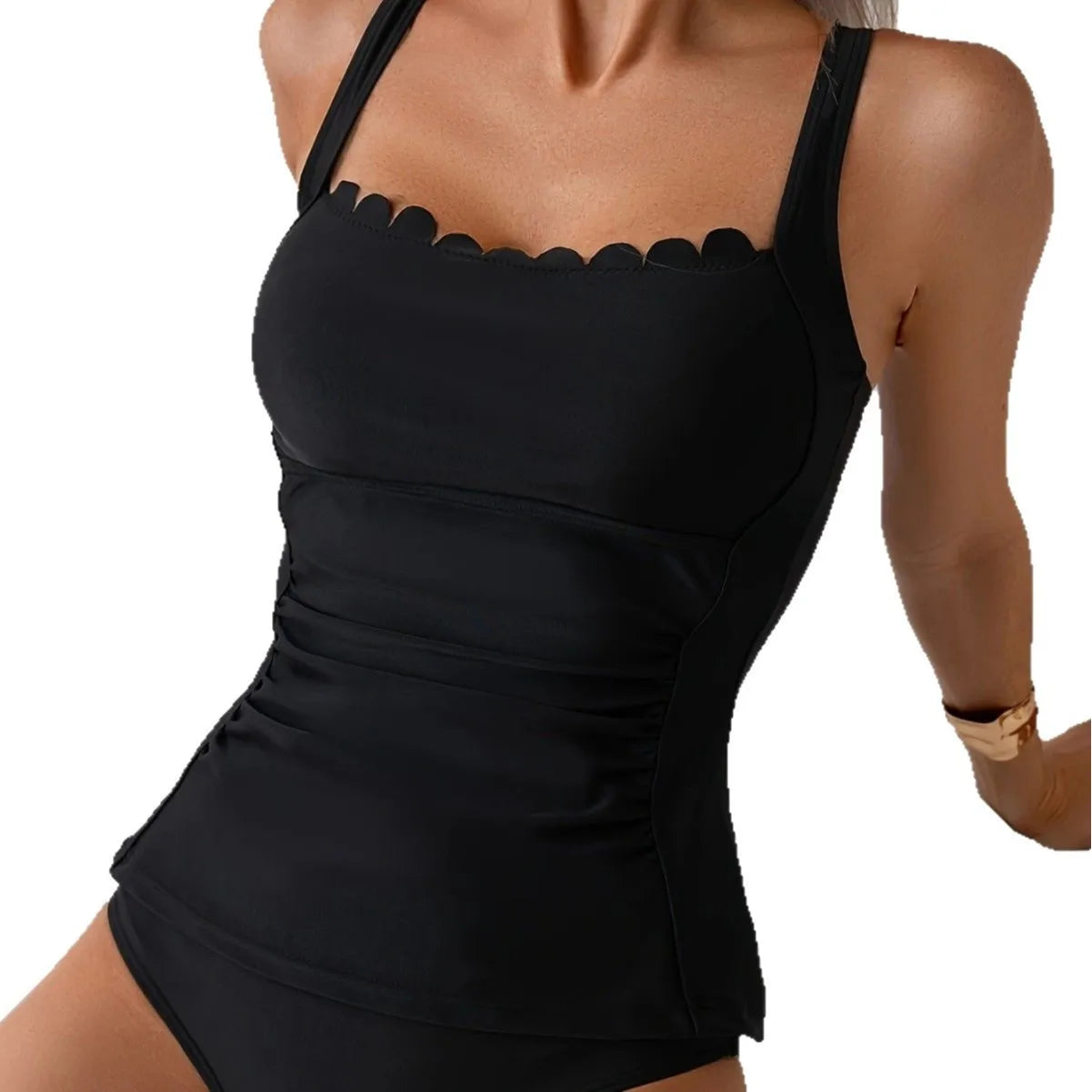 Black Modest Two-Piece Swimsuit for Women Tummy Control Slimming Swimsuit with Ruffled Neckline and Straps Summer Beach Swimwear