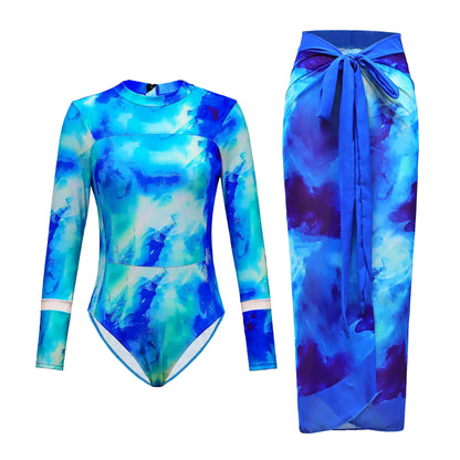 Vintage Mesh Print Swimming Suit for Women Long Sleeve High Waist One Piece Swimsuit 2025 Beach Bathing Suit Купальник