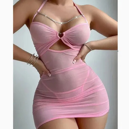 Cross-border foreign trade new perspective high elastic mesh yarn flirting underwear hip skirt pajamas nightgown sex women