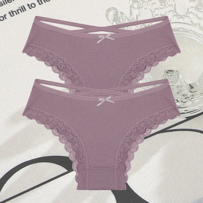 2PCS Cotton Panties for Women Sexy Lace Brazilian Briefs Female Low-Waist Cross Webbing Underpants Stretch Breathable Intimates