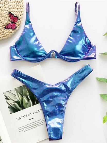 Sexy Neon V-bar Underwired Bikini 2025 Female Ribbed Swimsuit Women Thong Swimwear Two-pieces Bikini set Push up Bathing Suit