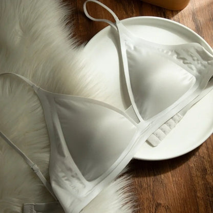 Milk Satin French Deep V-neck Bra Wire Free Soft Support Seamless Bra Backless Design Adjusted Straps Small Chest Bra
