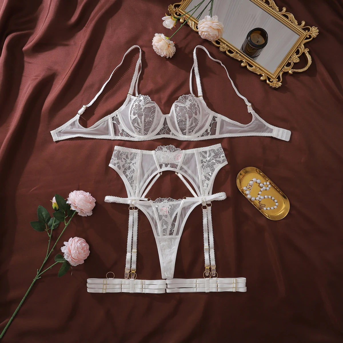 Ellolace Willowy Sexy Female Lingerie Intimate See Through Embroidered 3PC Set with Leg Circles Exclusive Erotic Miss Underwear