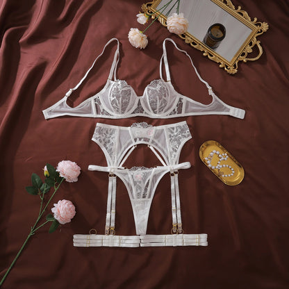 Ellolace Willowy Sexy Female Lingerie Intimate See Through Embroidered 3PC Set with Leg Circles Exclusive Erotic Miss Underwear