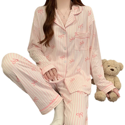 Pink Bow Tie Design Pajamas for Women Long Sleeve Top & Elastic Waist Pants Pajamas Set Harajuku Style Casual New Home Wear