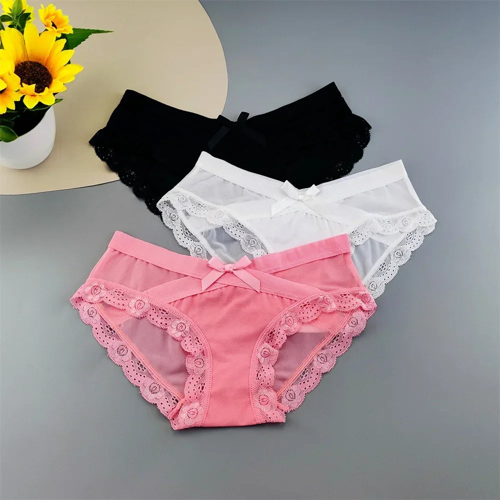 3 Pieces Hot Comfortable Mesh Briefs Women Sexy Seamless Lace Trim Underwear Cute Bow Ladies Breathable Briefs Plus Size