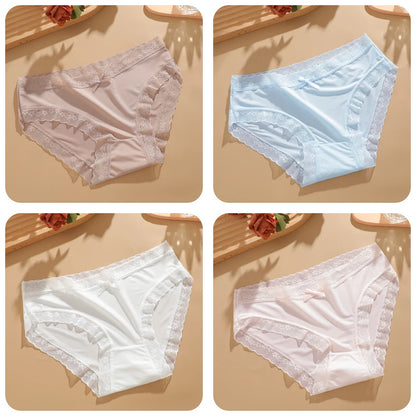 4Pcs Ice Silk Lace Panties Seamless Soild Underwear For Women Sexy Ultra-thin Breathable Briefs Girls Soft Transparent Lingerie