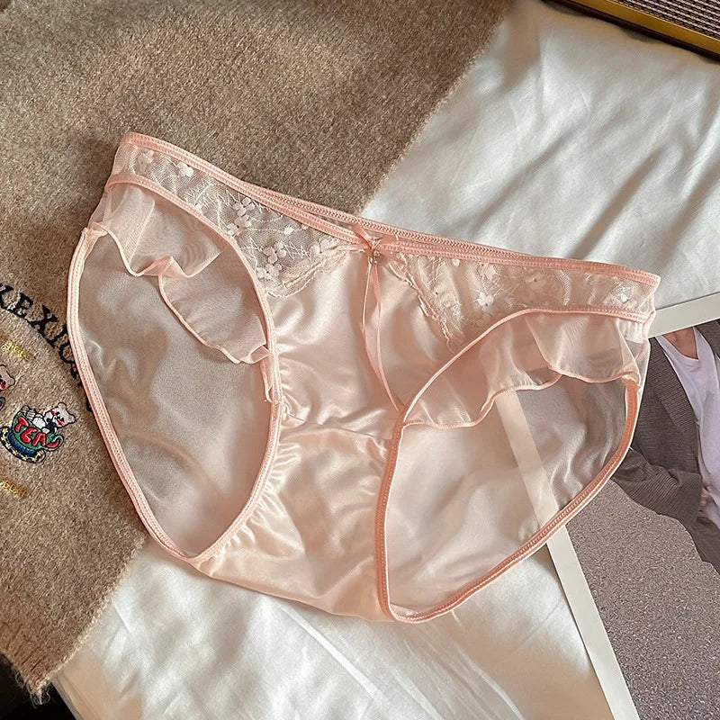 Women Ruffle Edge Sexy Lace Mesh Satin Transparent Underwear Thin Breathable High Elasticity Low Waist Seamless Panties Breifs