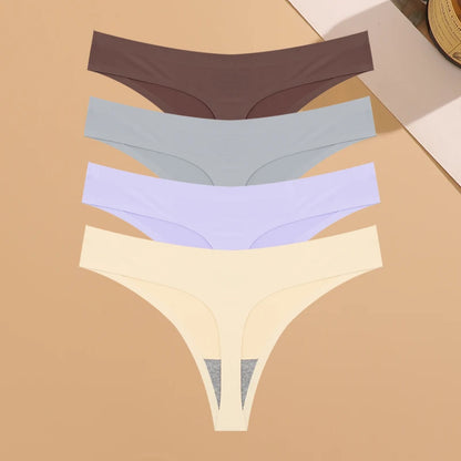 4PCS Ultra-thin Seamless Underwear Women's Invisible Panties Sexy Ice Silk Thongs Low Waist Breathable Bikini Stretchy Lingerie