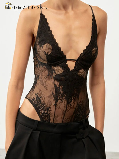 Sexy Lace Halter Bodysuits Women's Slim Sleeveless Waist-cinching Deep V-neck Suits 2026 New Ladies Spring Summer Solid Outwear