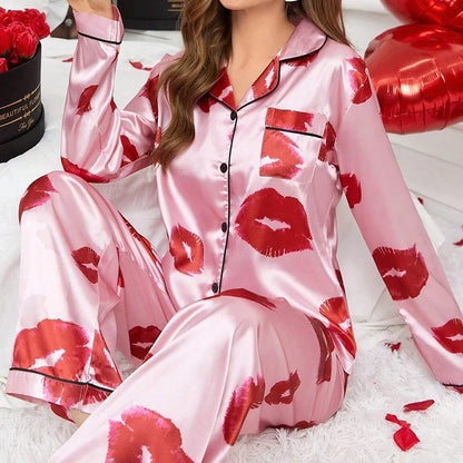 Cute Cat Print Pajama for Women Satin Long Sleeve Lapel Collar Tops & Pants Pyjama Loungewear for Fall Ladies Sleepwear Pj Sets