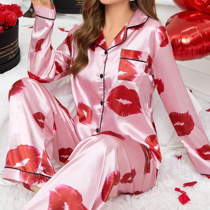 Cute Cat Print Pajama for Women Satin Long Sleeve Lapel Collar Tops & Pants Pyjama Loungewear for Fall Ladies Sleepwear Pj Sets