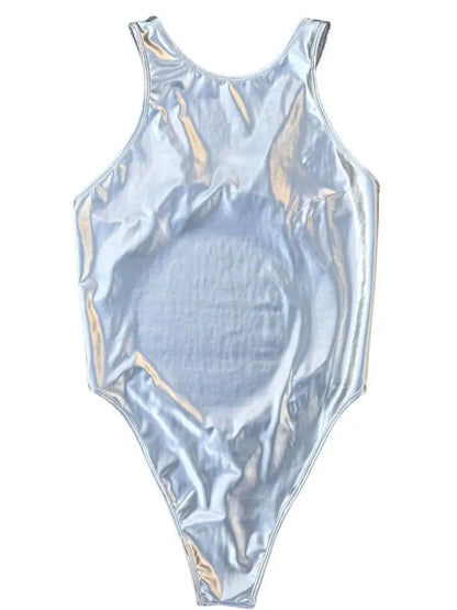 Wet Look PVC Catsuit Swimsuit Backless Shiny PU Leather Bodysuit High Cut Sukumizu Tights Hot Sexy Body Teddies Leotard Swimwear