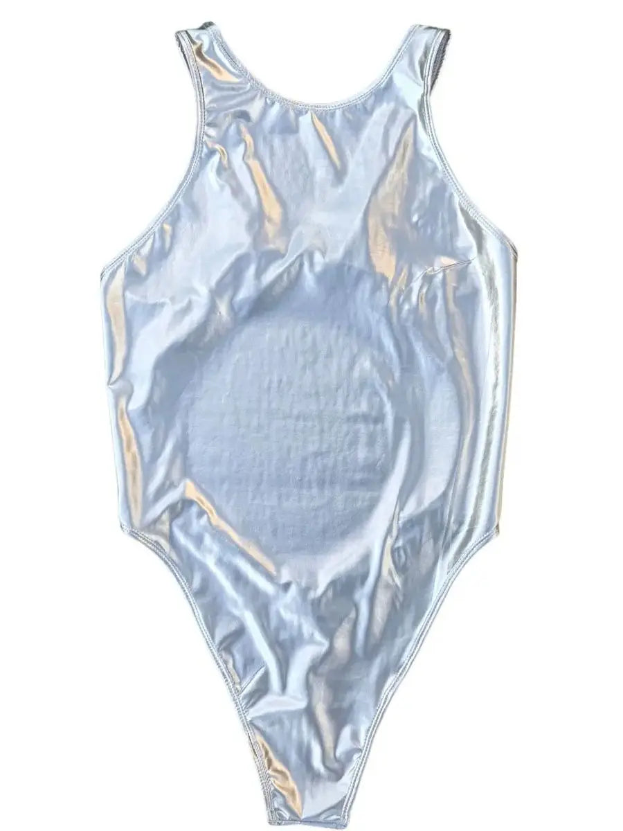 Wet Look PVC Catsuit Swimsuit Backless Shiny PU Leather Bodysuit High Cut Sukumizu Tights Hot Sexy Body Teddies Leotard Swimwear