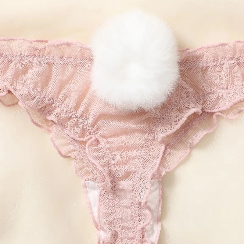 Women Lace Mesh Cotton Thongs Panties Sexy Rabbit Tail Waist Female Underpants Pantys Lingerie Vintage Lingerie for Women