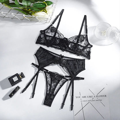 Plus Size 3XL Underwear Set Embroidery Underwire Garter Lingerie Set 3-Piece Bralette Lace Push Up Sensual Lingerie Woman