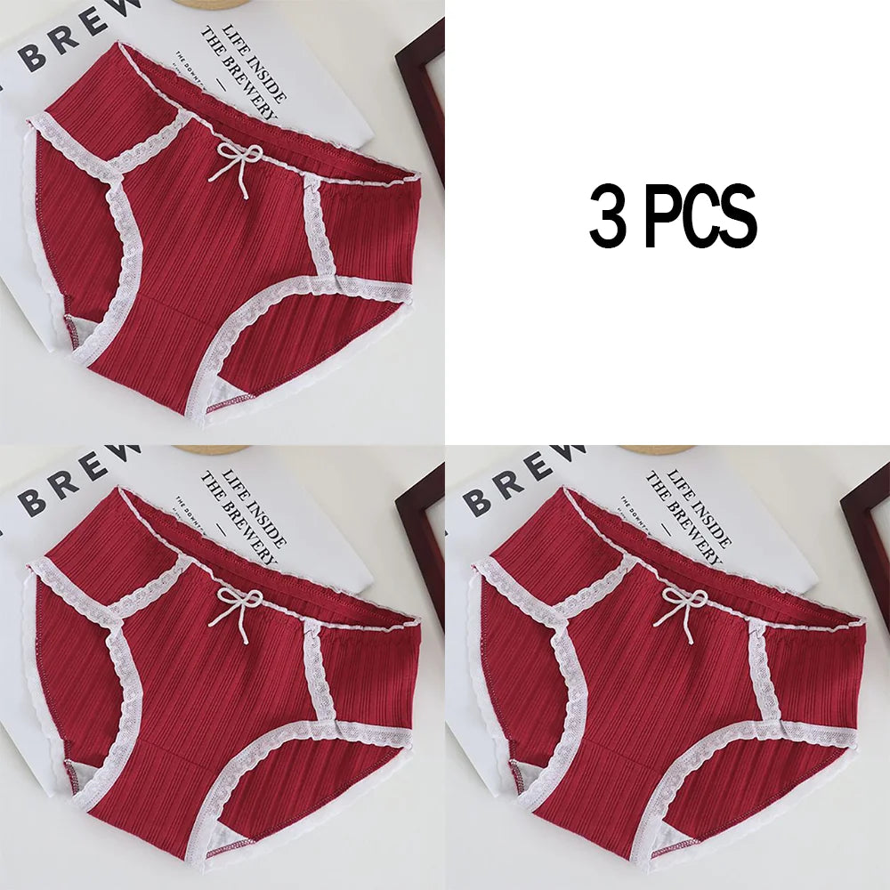 3pcs Cotton Women's Panties Sweet Cute Printed Student Mid-Waist Underwear Fashionable Breathable Girls Daily Briefs