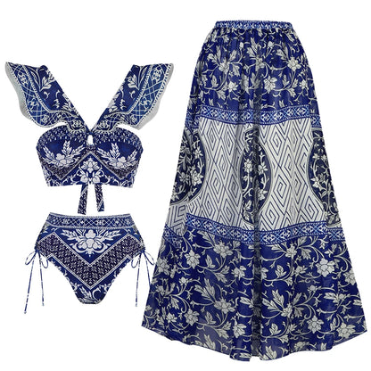 2025 New 2-Piece Shoulder Ruffle Swimsuit With Cover Up Sexy Women Swimwear Push Up Biquini Bathsuit Bodysuit Beachwear Dress