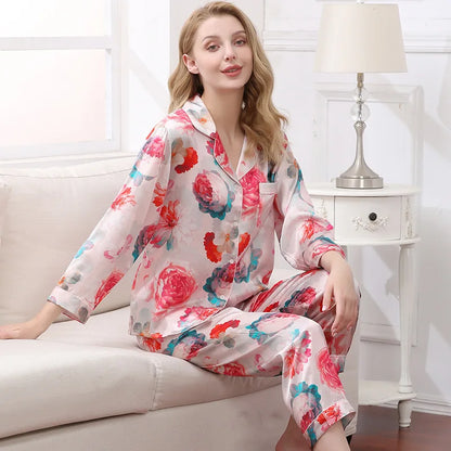 Birdtree Fall 16MM 100%Real Silk Pajama Set Women Satin Print Pyjama Pj Suit Long Sleeve Bedroom Sleepwear Set P36637QC