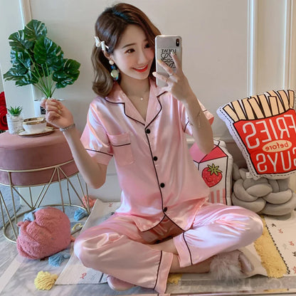 Womens Silk Satin Pajamas Pyjamas Set Long Sleeve Sleepwear Pijama Pajamas Suit Female Sleep Two Piece Set Loungewear Plus Size