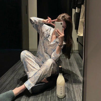 2023 Autumn New Ice Silk Women Pajama Lapel Button Cardigan Outfits for Women 2 Piece Set Fashion Printing Set Clothes for Women