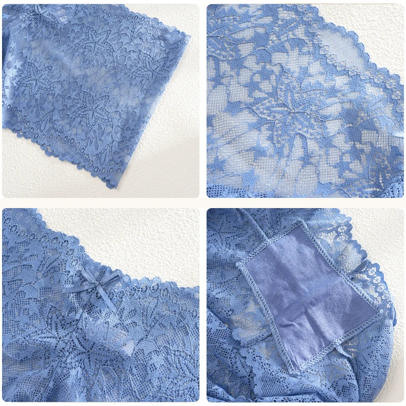5Pcs/Set Sexy Lace Perspective Panties Solid Color Hollow Out High Waist Star Boyshort Female Elastic Transparents Boxer Shorts