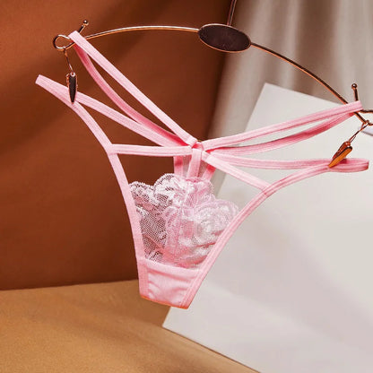 Sexy cut-out perspective women's underwear lace fashion cross belt bundled thong embroidered G-String Girls Briefs Ladies T-back