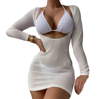 3Pcs/Set Women Bikini Set Halter Bra Lace-up Swimsuit Set With Mesh Yarn Cover Up Dress Solid Color Knitted Swimwear For Women