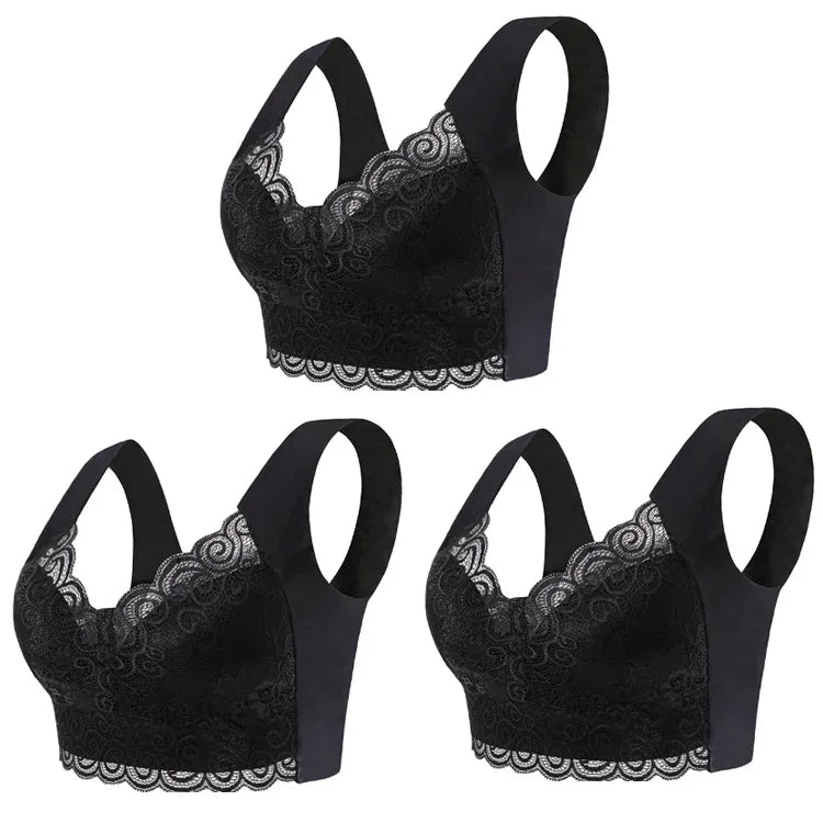 3pcs Ice Silk Seamless Lace Bra Top Support Underwear No Steel Ring Comfortable Large Size Bra Vest Bralette