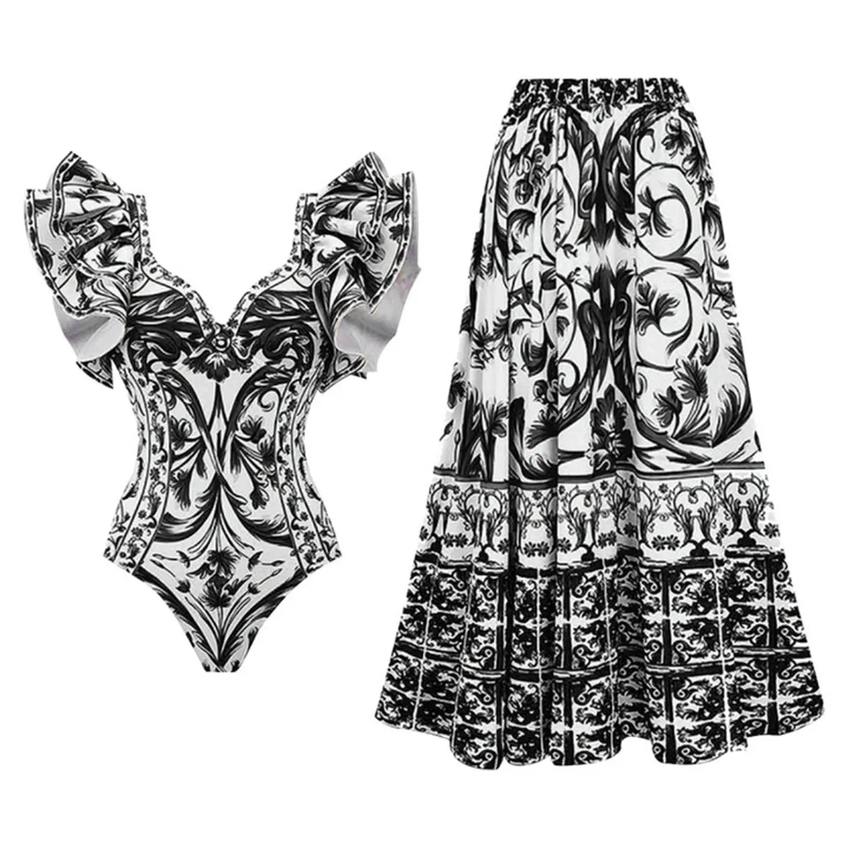 Printed Ruffle One Piece Swimsuit With Cover Up Sexy Swimwear Women Flat Belly Swim Suits Bathsuit Belt Bodysuit Beach Outing