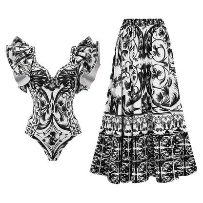 Printed Ruffle One Piece Swimsuit With Cover Up Sexy Swimwear Women Flat Belly Swim Suits Bathsuit Belt Bodysuit Beach Outing