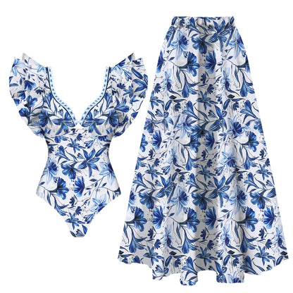 2025 New 2-Piece Shoulder Ruffle Swimsuit With Cover Up Sexy Women Swimwear Push Up Biquini Bathsuit Bodysuit Beachwear Dress