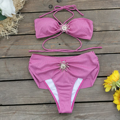 Women's Glamorous Purple Bikini Set with Gold Sunburst Accents 2Pc Biquini Swimsuits Lady Strappy Beachwear 2025 Holiday Clothes