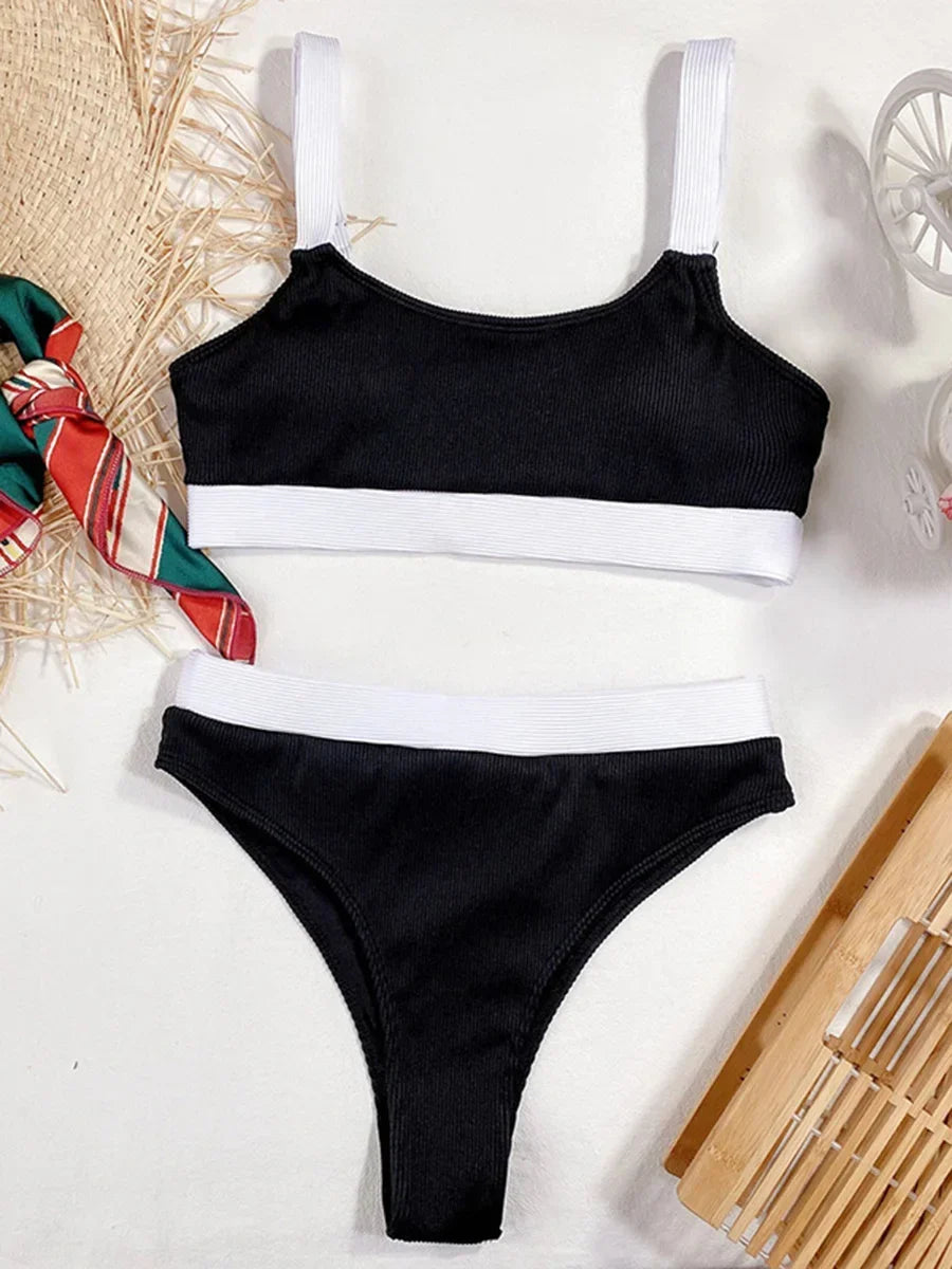 Sexy Splicing Ribbed Bikinis High Waist Bikini 2026 Female Swimsuit Women Swimwear Two-pieces Bikini Set Bathing Suit Swim Lady