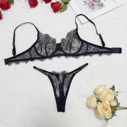 White Sheer Lace Lingerie Set Women Sexy Underwire Push-up Bra Thong Set Floral Pattern Thin Straps Romantic Elegant Underwear