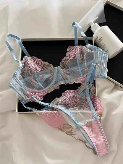 YUQI French Romantic Lace Underwire Minimizer Bra Sexy Sheer Tulle Luxury Lingerie Set Full Bust Support Modern Elegant & Women