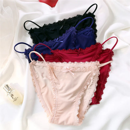 Ice Silk Women's Panties Lace Low Waist Sexy Thong Underwear Summer Solid Color Briefs Bikini G-String Ladies Lingerie