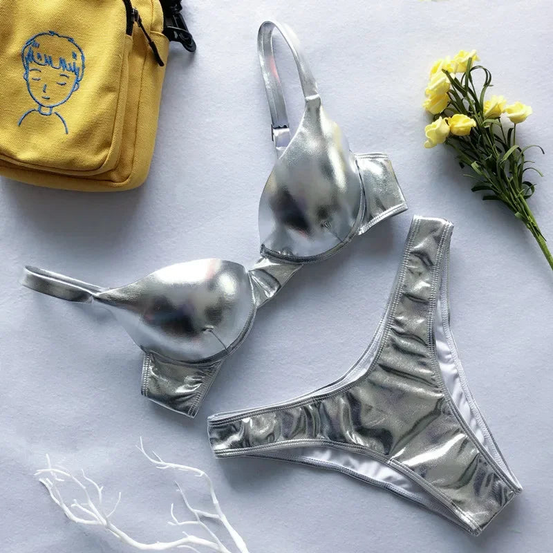 Metallic Summer Push Up Padded Bra Bathing Suit Beach Wear Women Sexy Thong Bikini Set Silver Gold  Biquini Swimwear