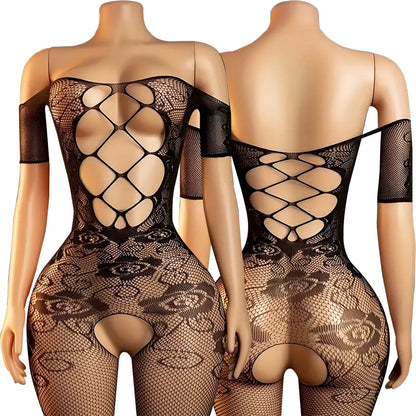 See Through Erotic Open Crotch Lingerie Women Mesh Hollow Bra Set Sexy Bodysuit Lace Rose Print Bodystockings Porn Underwear Set